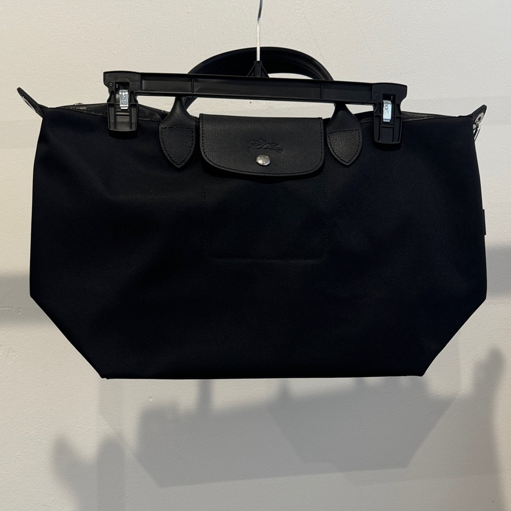 Longchamp Black Foldable Nylon Tote with Leather Trim